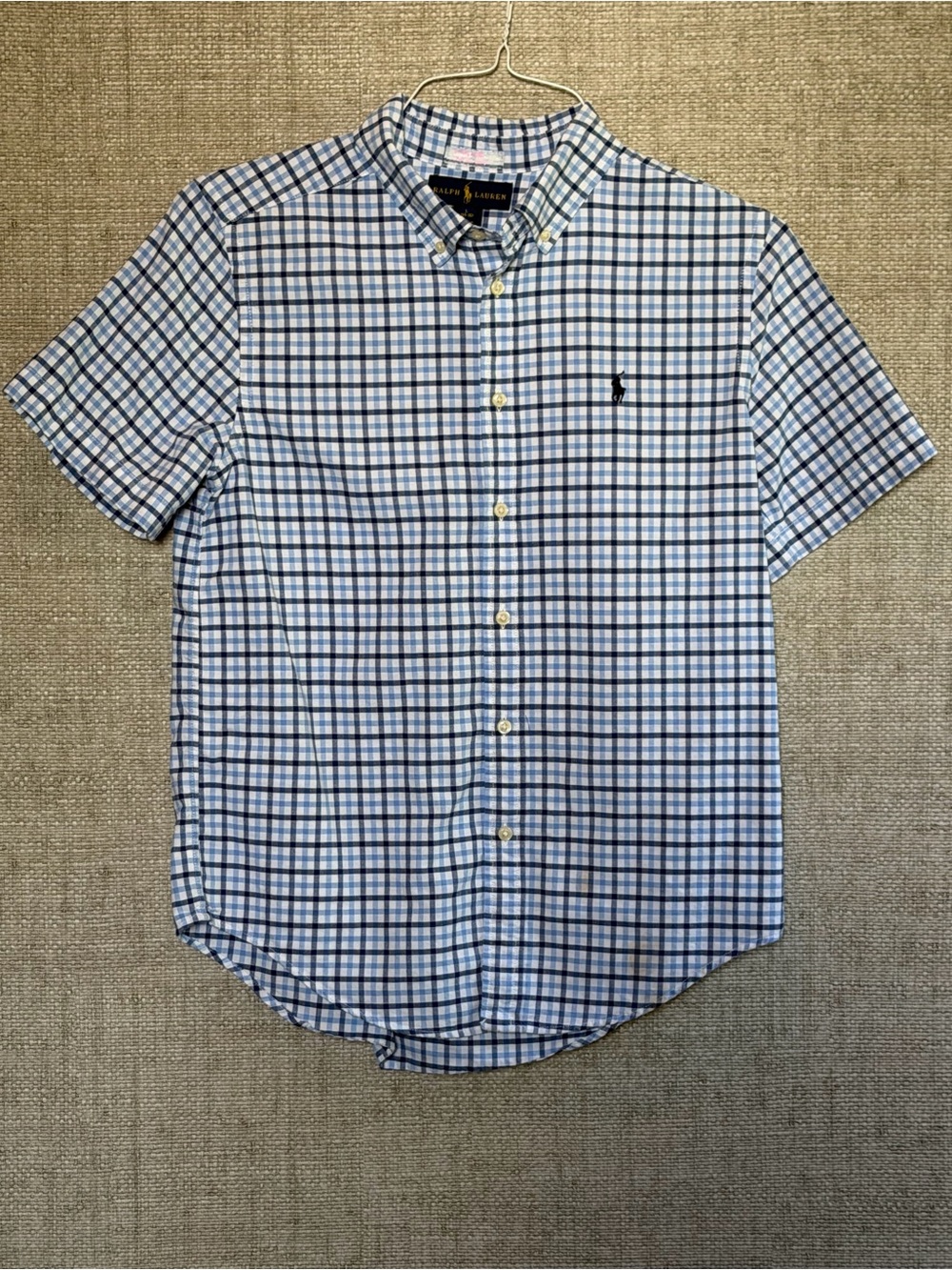Ralph Lauren Blue and White Check Short-Sleeve Button-Down Shirt